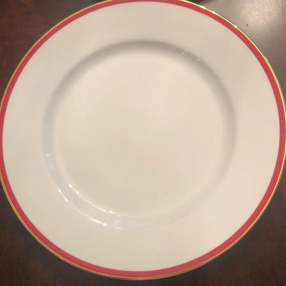 4 Vintage Crate&Barrel White Plates Red & Gold Rim New?